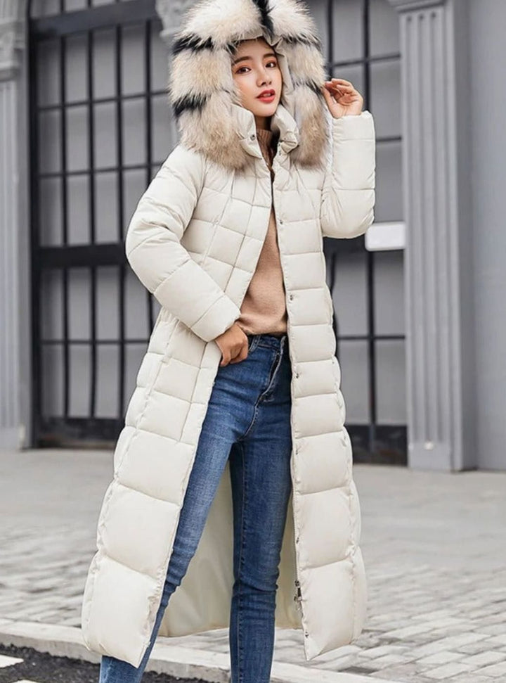 Women's Belted Long Quilted Hooded Puffer Coat Faux Fur Trim - Off White