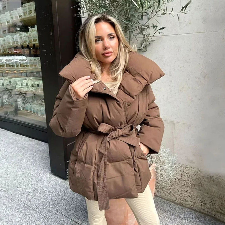 Women's Belted Oversized Quilted Puffer Jacket - Brown