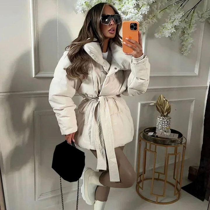 Women's Belted Oversized Quilted Puffer Jacket - Beige