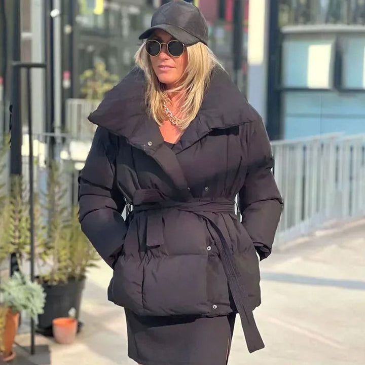 Women's Belted Oversized Quilted Puffer Jacket - Black