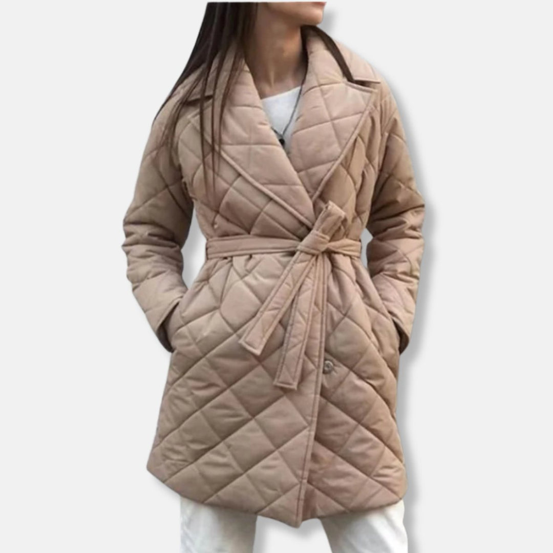 Women's Belted Quilted Padded Coat Midi Length Lapel Collar - Khaki
