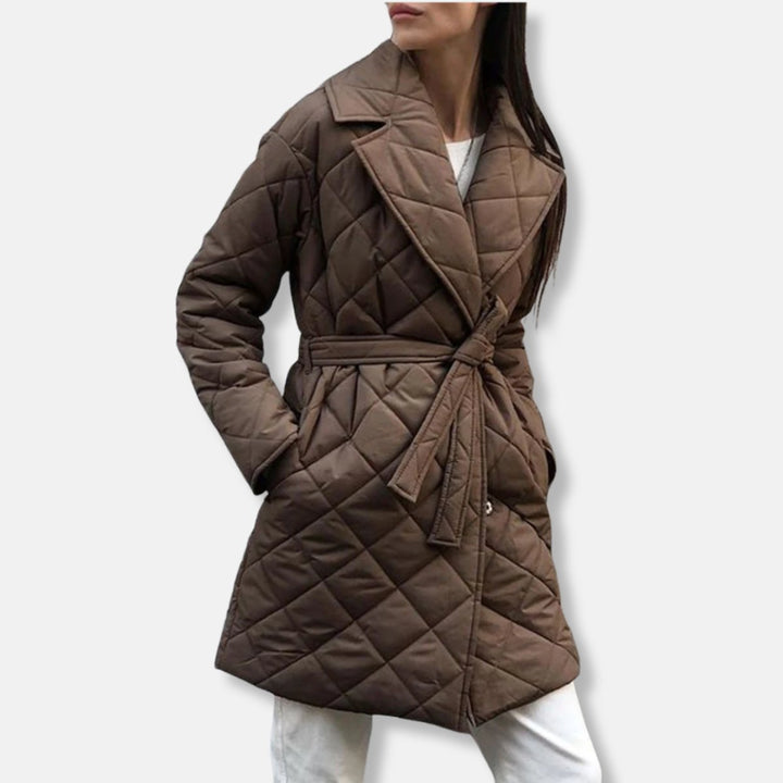 Women's Belted Quilted Padded Coat Midi Length Lapel Collar - Brown