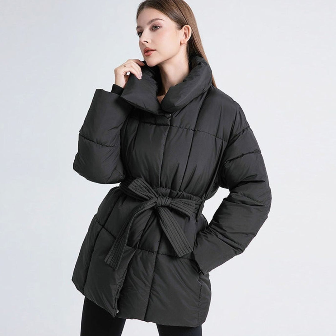 Women's Belted Quilted Puffer Jacket High Shawl Collar - Black