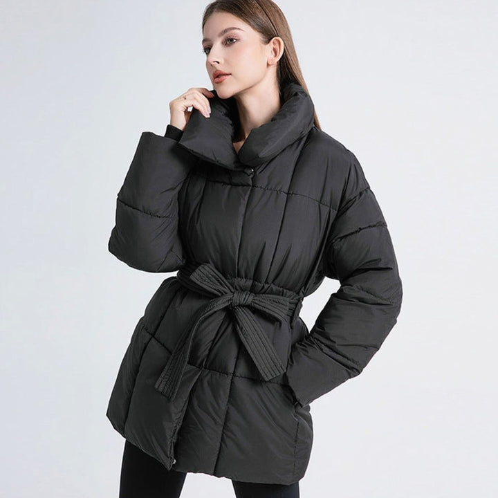 Women's Belted Quilted Puffer Jacket High Shawl Collar - Black