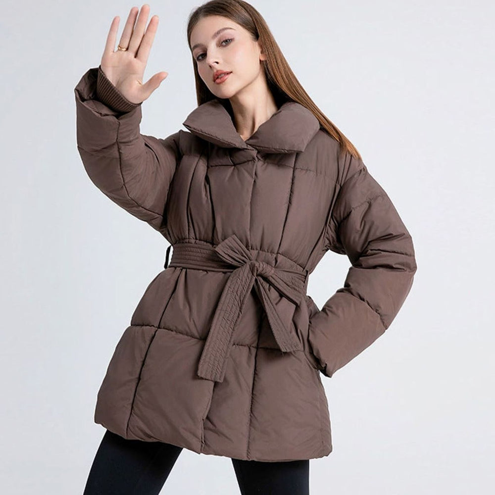 Women's Belted Quilted Puffer Jacket High Shawl Collar - Brown