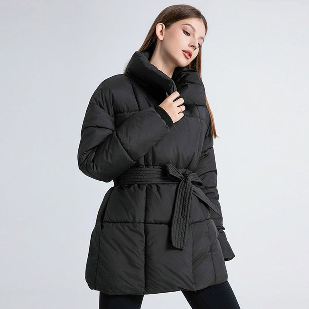Women's Belted Quilted Puffer Jacket High Shawl Collar