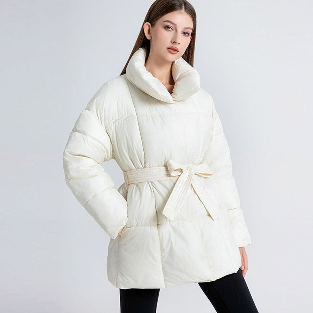 Women's Belted Quilted Puffer Jacket High Shawl Collar - Off-White
