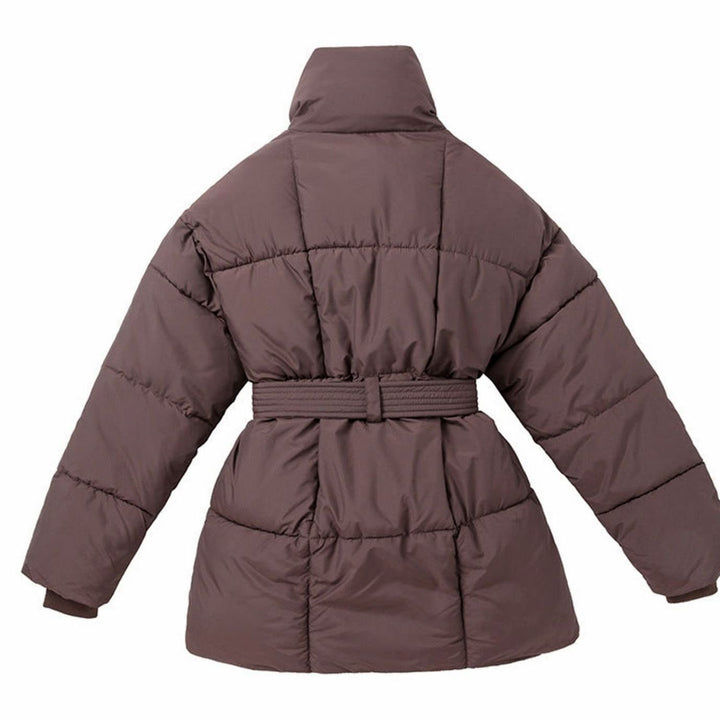 Women's Belted Quilted Puffer Jacket High Shawl Collar
