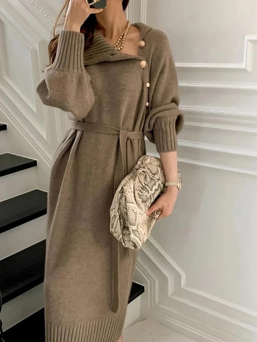 Women's Belted Roll-Neck Button-Front Knitted Dress