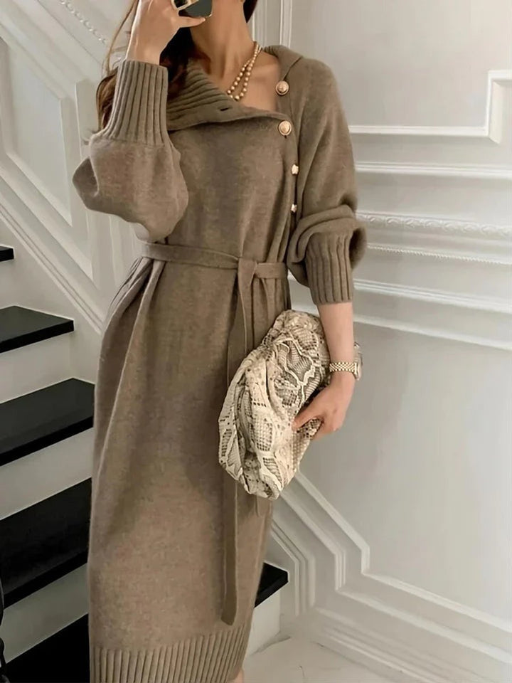 Women's Belted Roll-Neck Button-Front Knitted Dress
