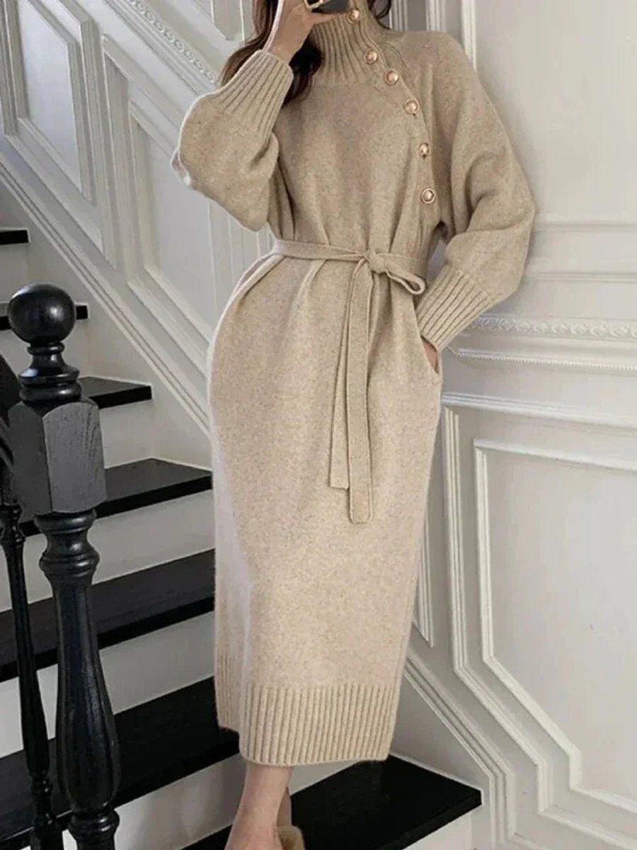 Women's Belted Roll-Neck Button-Front Knitted Dress