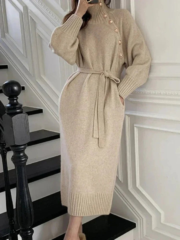 Women's Belted Roll-Neck Button-Front Knitted Dress