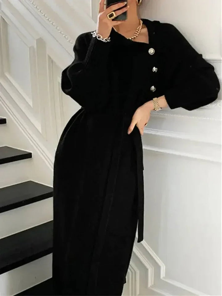 Women's Belted Roll-Neck Button-Front Knitted Dress