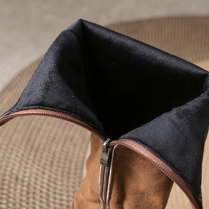 Women's Black Suede Gold-Button Block-Heel Knee-High Boots