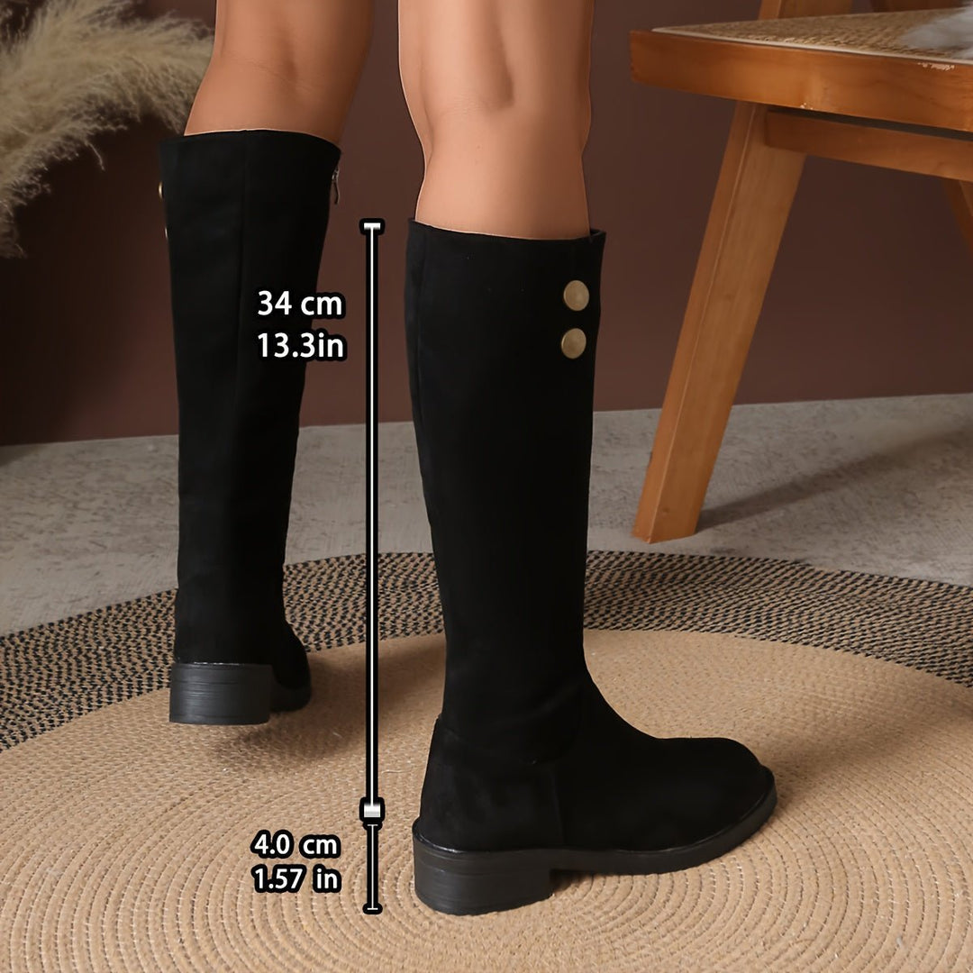 Women's Black Suede Gold-Button Block-Heel Knee-High Boots