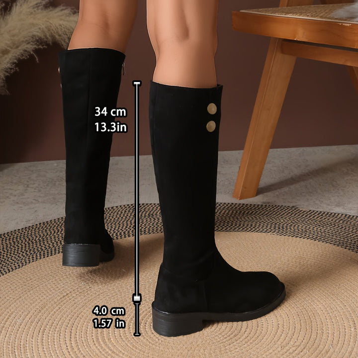 Women's Black Suede Gold-Button Block-Heel Knee-High Boots