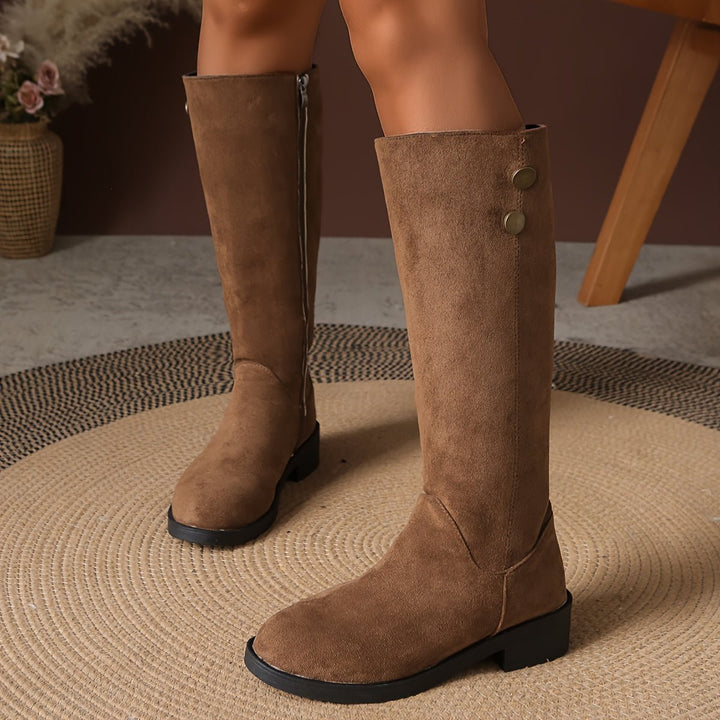 Women's Black Suede Gold-Button Block-Heel Knee-High Boots