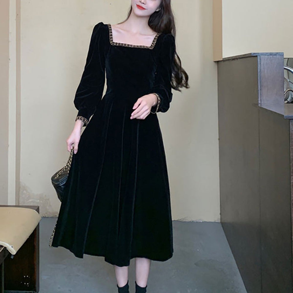 Women's Black Velvet Party Dress Square Neck Puff Sleeve Midi - Black