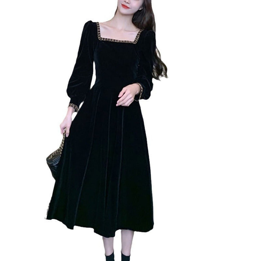 Women's Black Velvet Party Dress Square Neck Puff Sleeve Midi