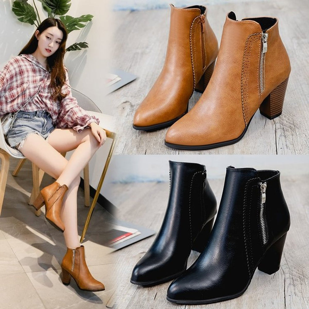 Women's Block-Heel Side-Zip Pointed-Toe Ankle Heeled Boots