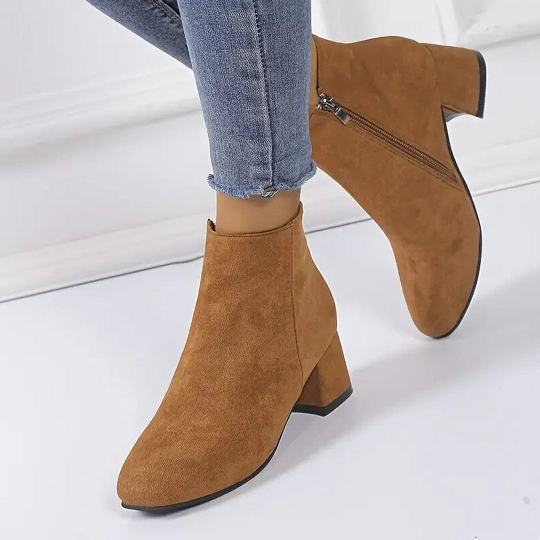 Women's Block-Heel Side-Zip Suede Ankle Heeled Boots