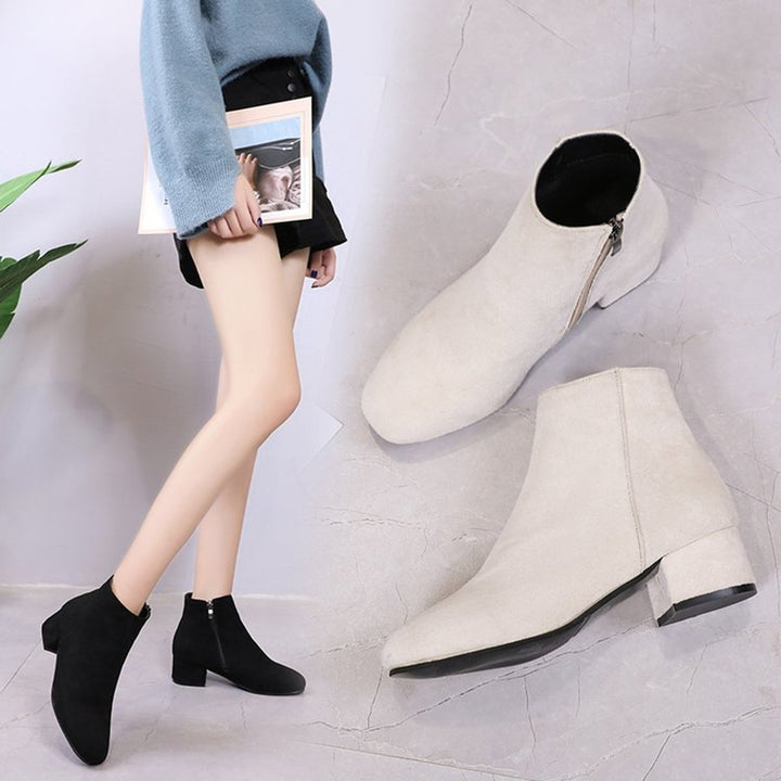 Women's Block Heel Suede Ankle Heeled Boots Side Zip