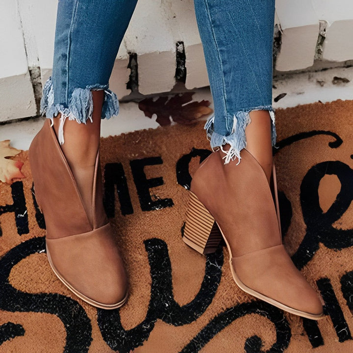 Women's Block Heel V-Cut Ankle Heeled Boots