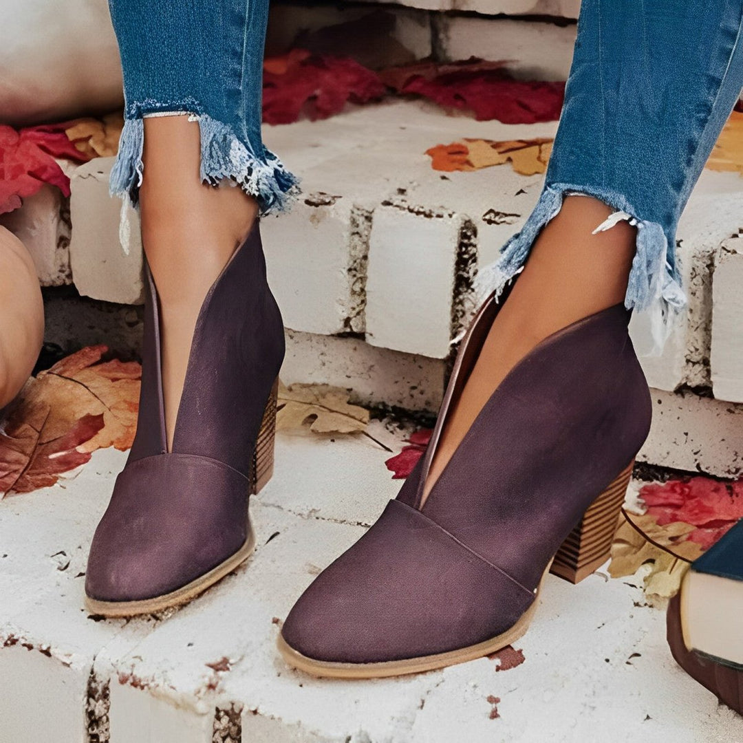 Women's Block Heel V-Cut Ankle Heeled Boots