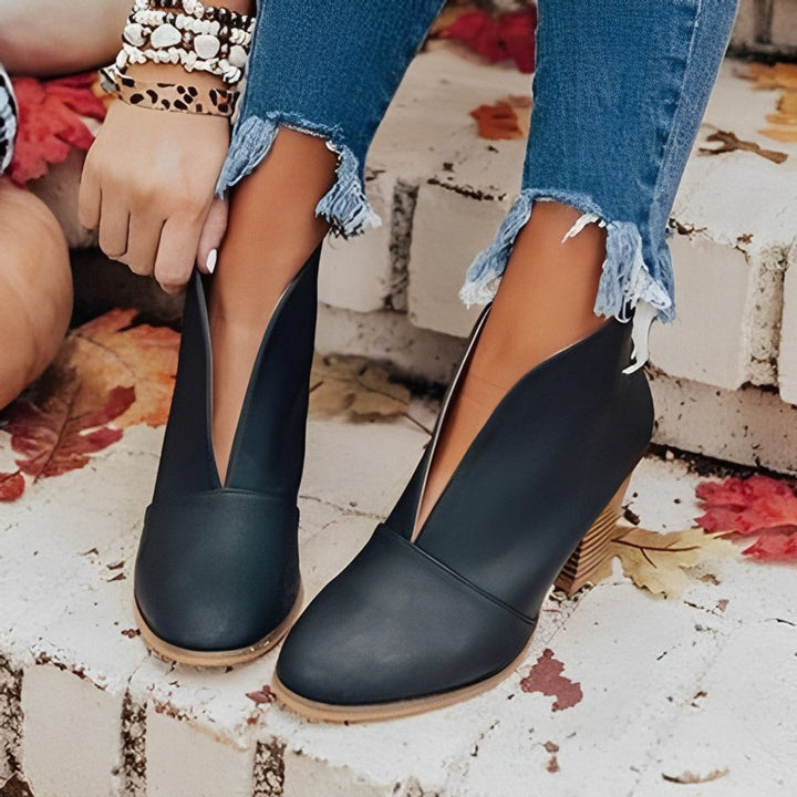 Women's Block Heel V-Cut Ankle Heeled Boots