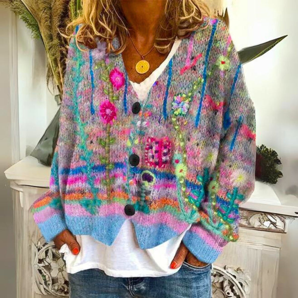 Women's Bohemian Floral Embroidered Button-Up Knitted Sweater Cardigan