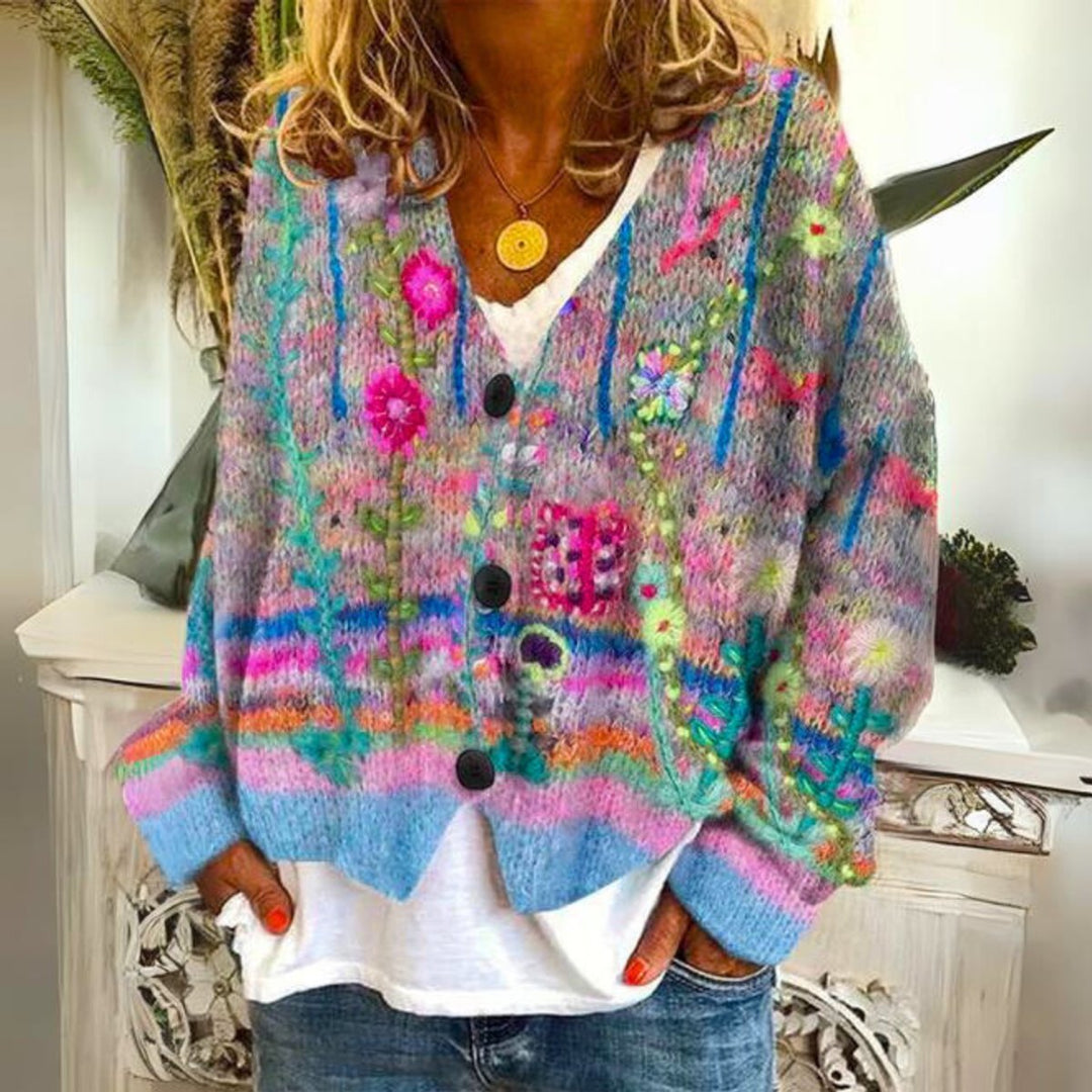 Women's Bohemian Floral Embroidered Button-Up Knitted Sweater Cardigan