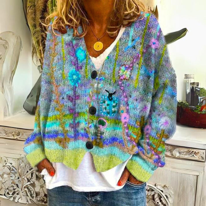 Women's Bohemian Floral Embroidered Button-Up Knitted Sweater Cardigan