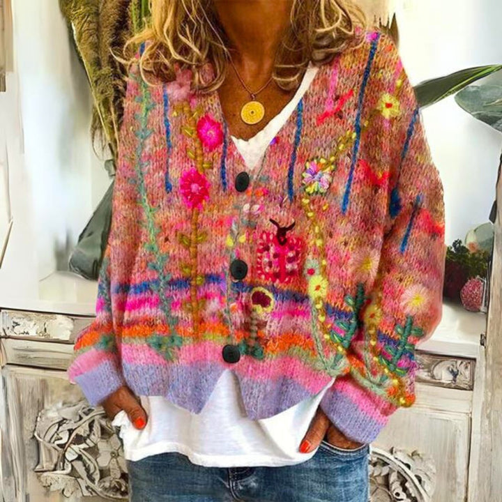 Women's Bohemian Floral Embroidered Button-Up Knitted Sweater Cardigan