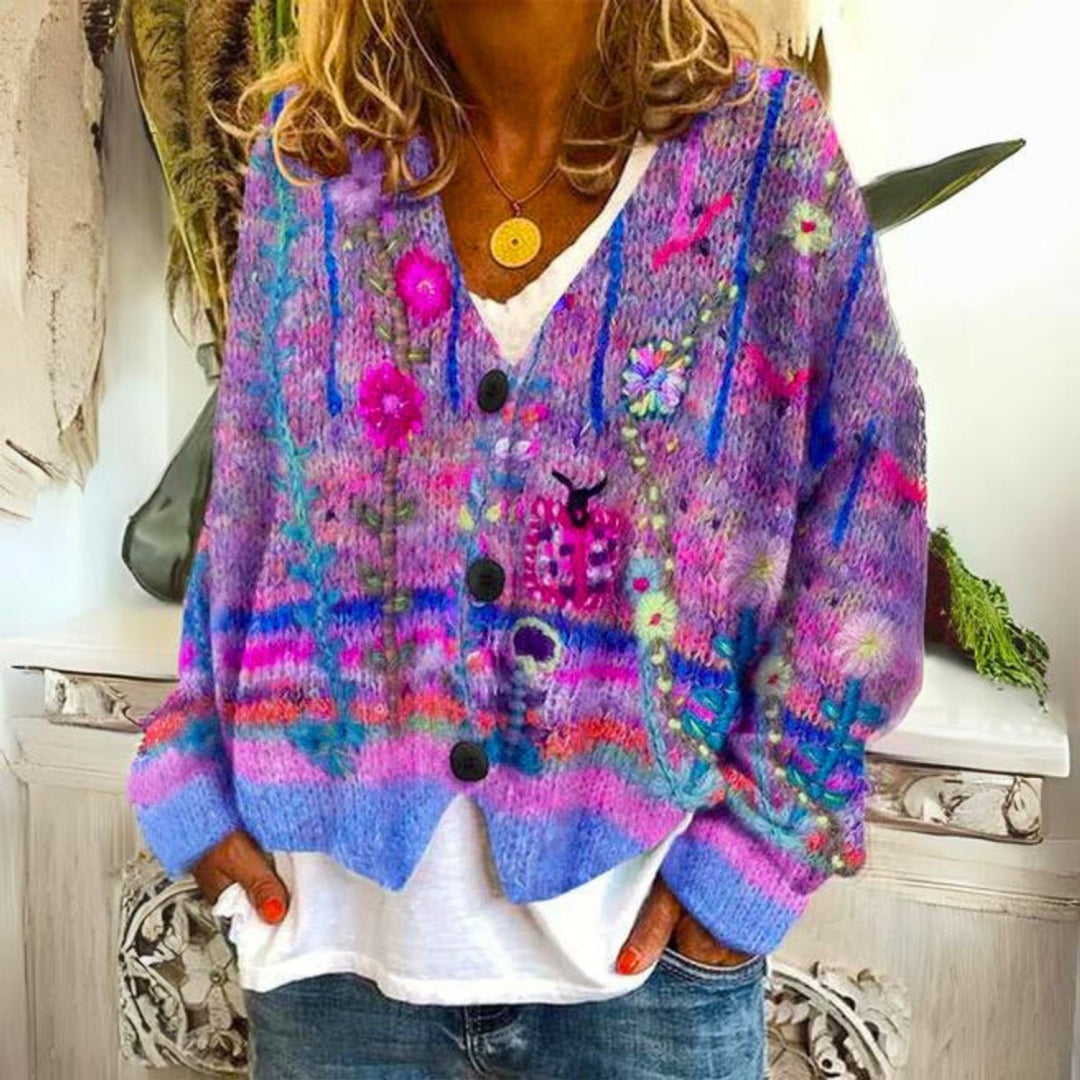Women's Bohemian Floral Embroidered Button-Up Knitted Sweater Cardigan