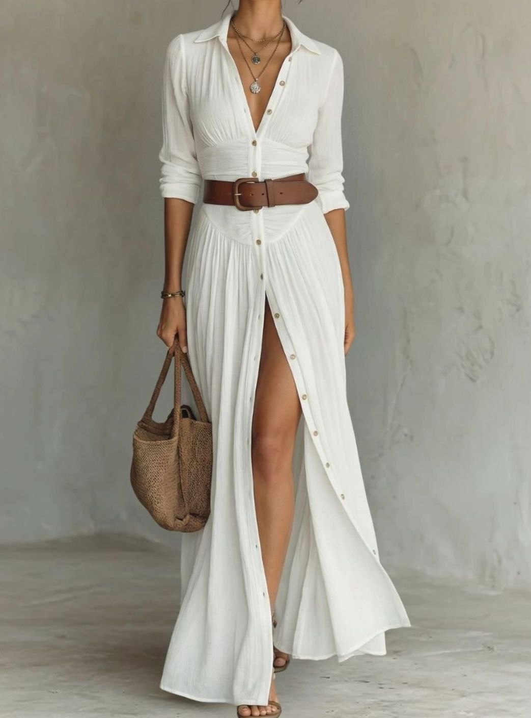 Women's Boho Button-Down Belted Maxi Shirt Dress