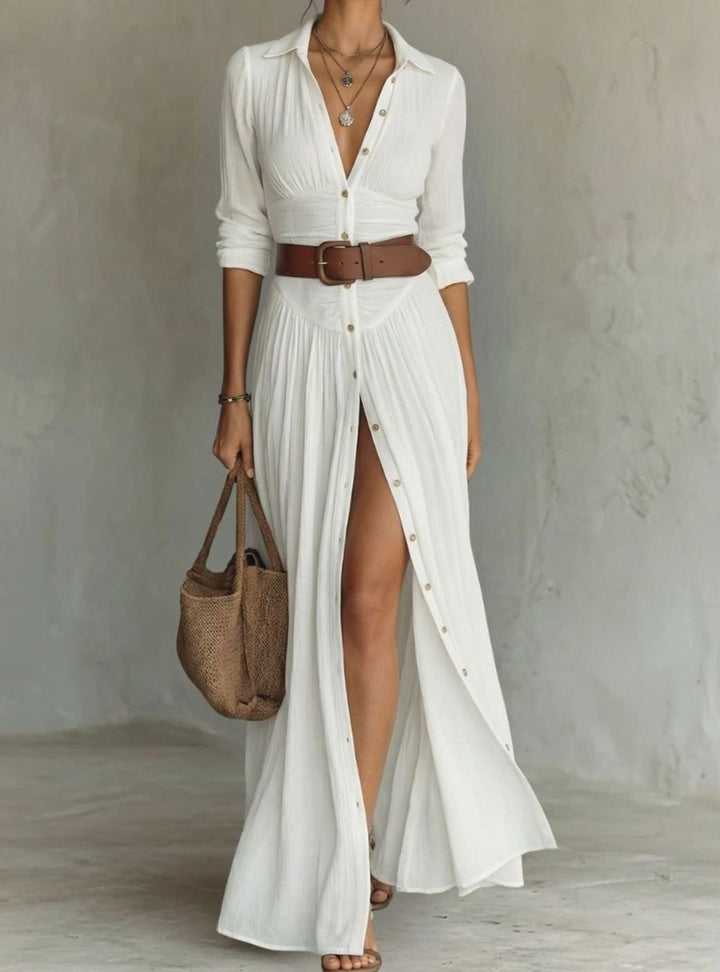 Women's Boho Button-Down Belted Maxi Shirt Dress