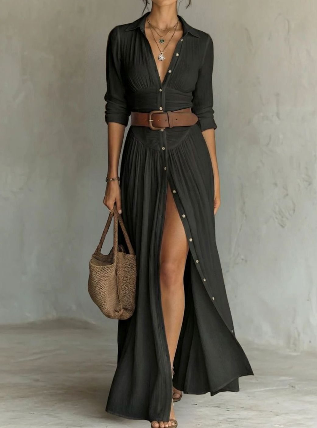 Women's Boho Button-Down Belted Maxi Shirt Dress