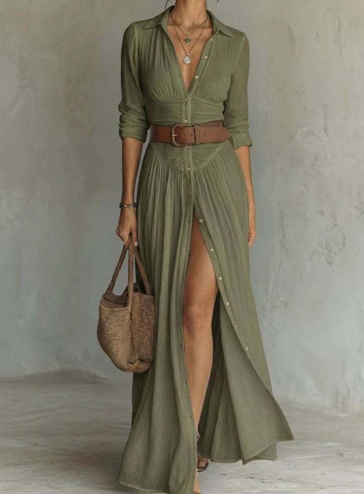 Women's Boho Button-Down Belted Maxi Shirt Dress
