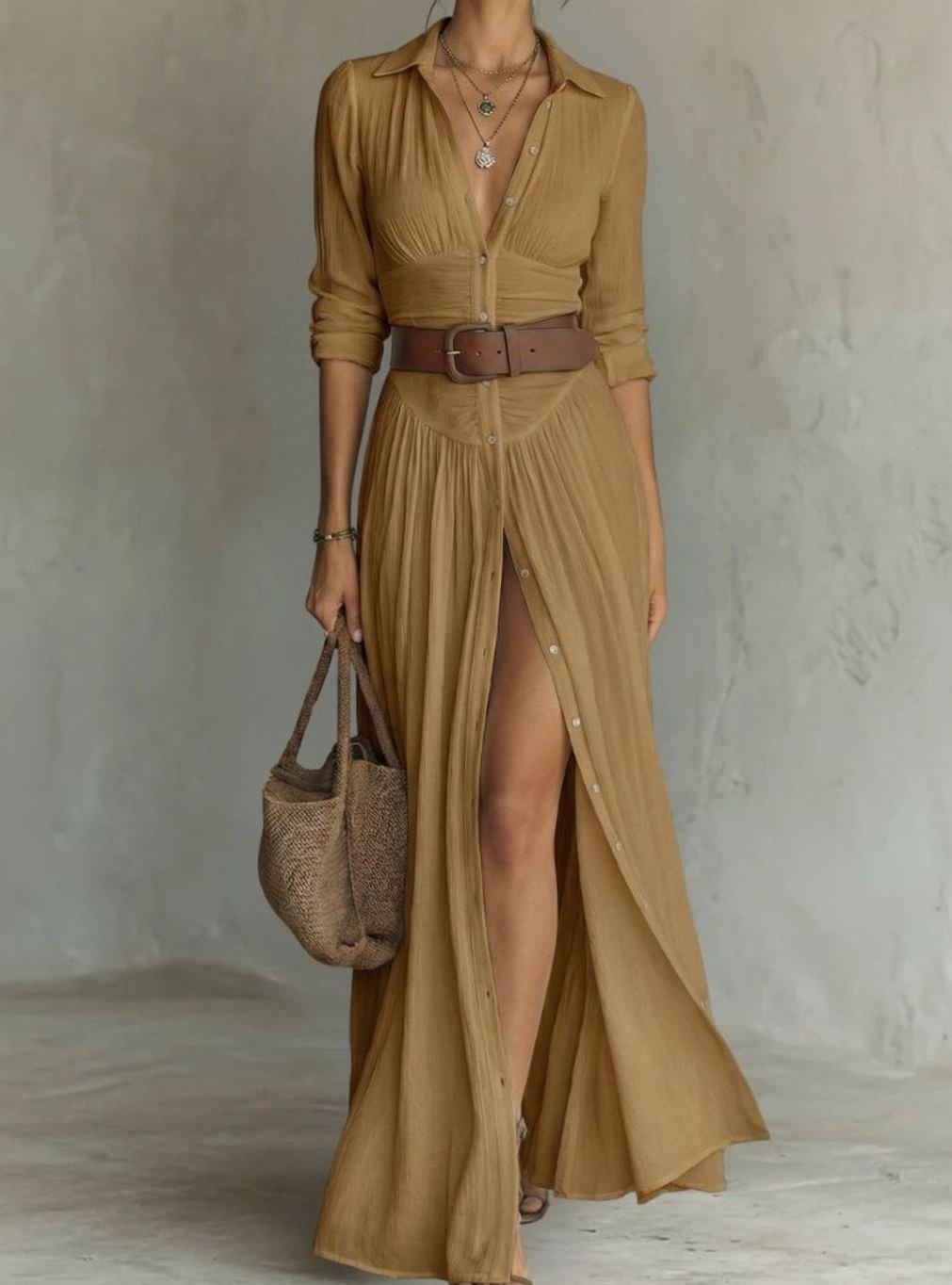 Women's Boho Button-Down Belted Maxi Shirt Dress