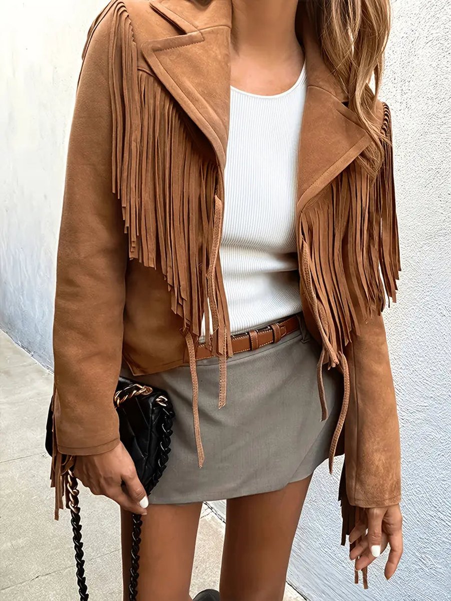 Women's Boho Faux Suede Fringe Open-Front Cropped Jacket