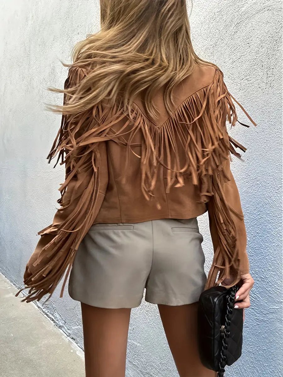 Women's Boho Faux Suede Fringe Open-Front Cropped Jacket