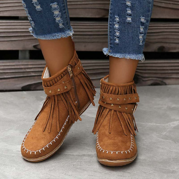 Women's Boho Fringed Studded Ankle Heeled Boots Flat Moccasin