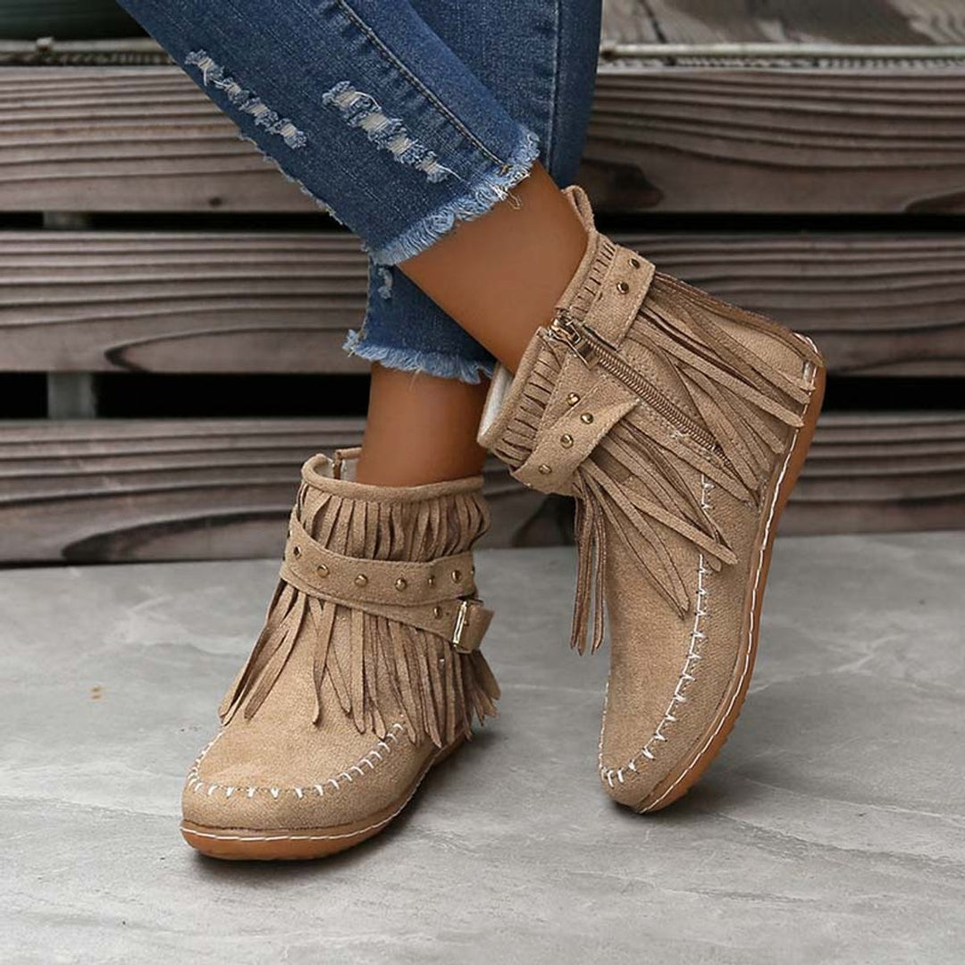 Women's Boho Fringed Studded Ankle Heeled Boots Flat Moccasin