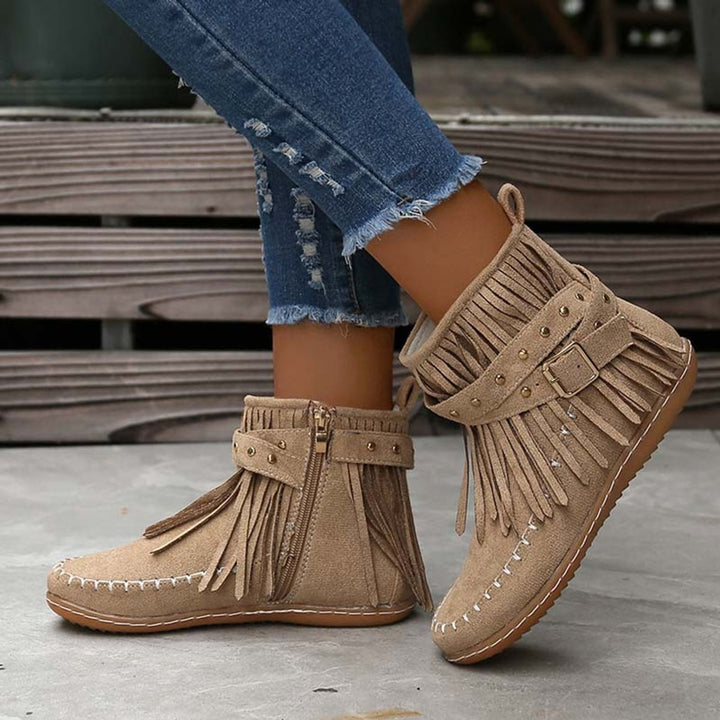 Women's Boho Fringed Studded Ankle Heeled Boots Flat Moccasin