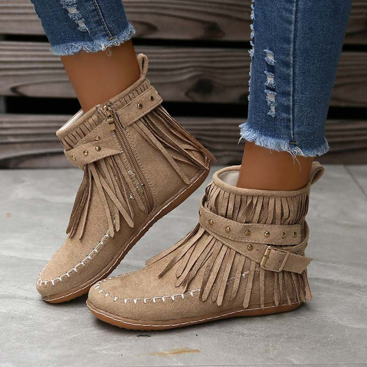 Women's Boho Fringed Studded Ankle Heeled Boots Flat Moccasin