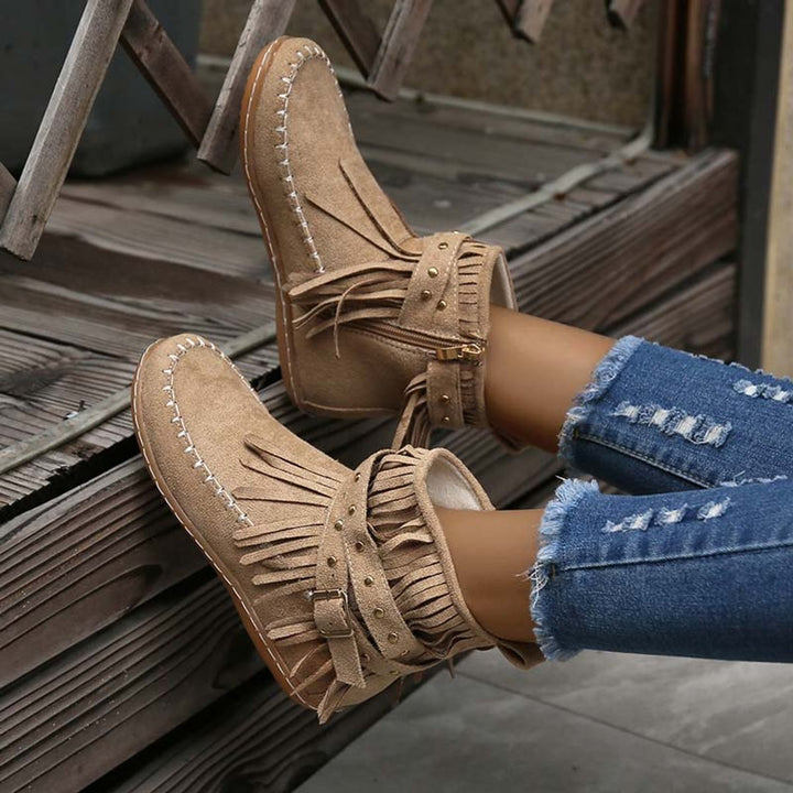 Women's Boho Fringed Studded Ankle Heeled Boots Flat Moccasin