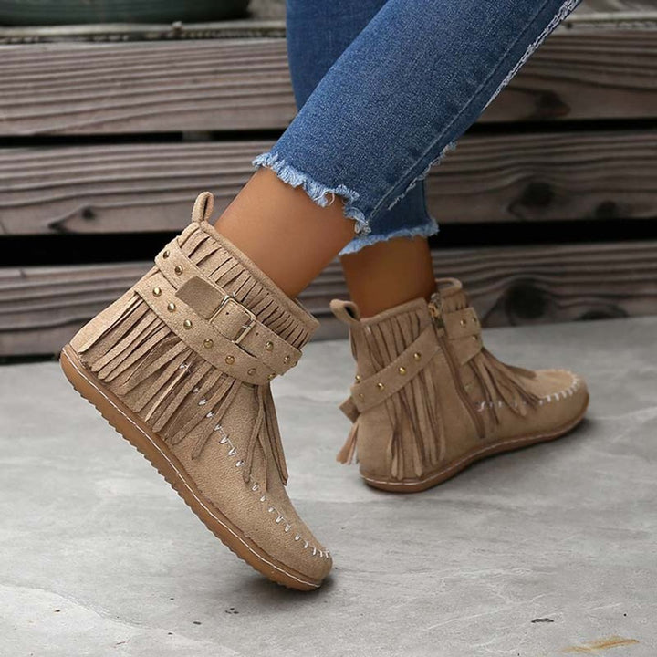 Women's Boho Fringed Studded Ankle Heeled Boots Flat Moccasin