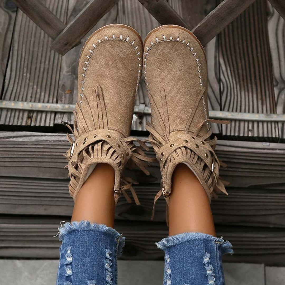 Women's Boho Fringed Studded Ankle Heeled Boots Flat Moccasin