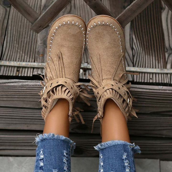 Women's Boho Fringed Studded Ankle Heeled Boots Flat Moccasin