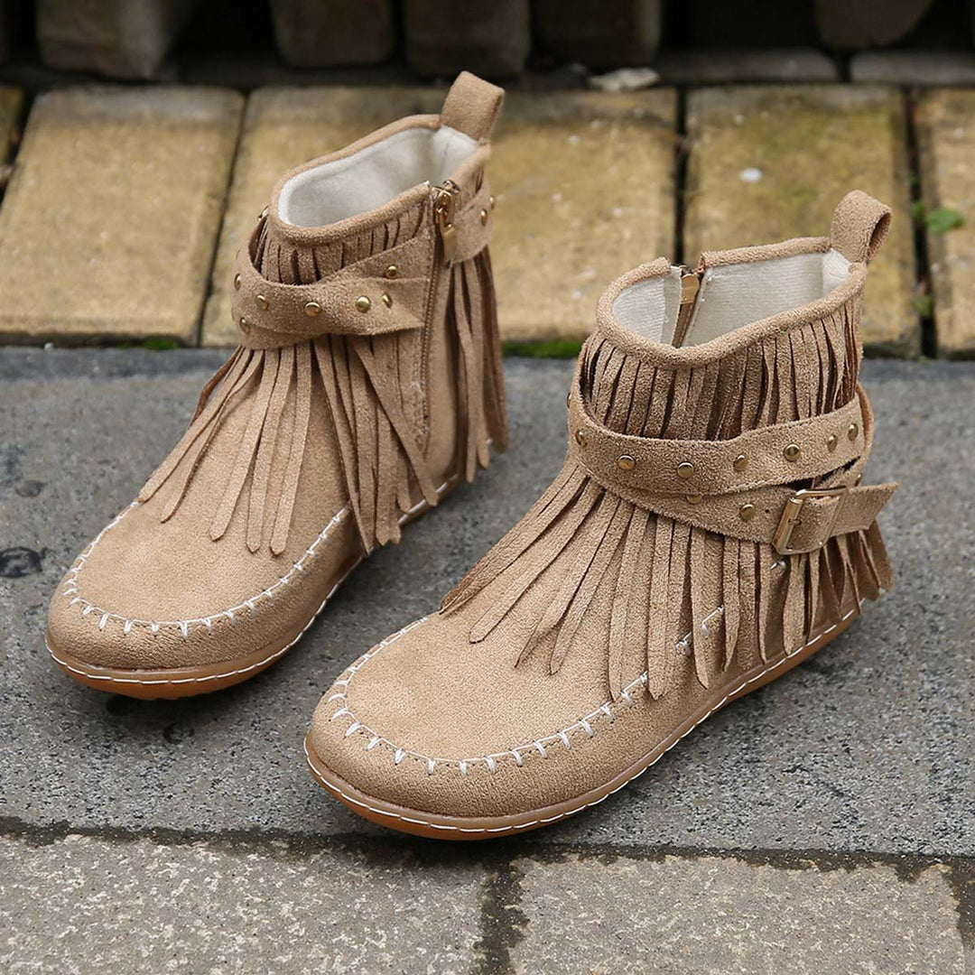 Women's Boho Fringed Studded Ankle Heeled Boots Flat Moccasin